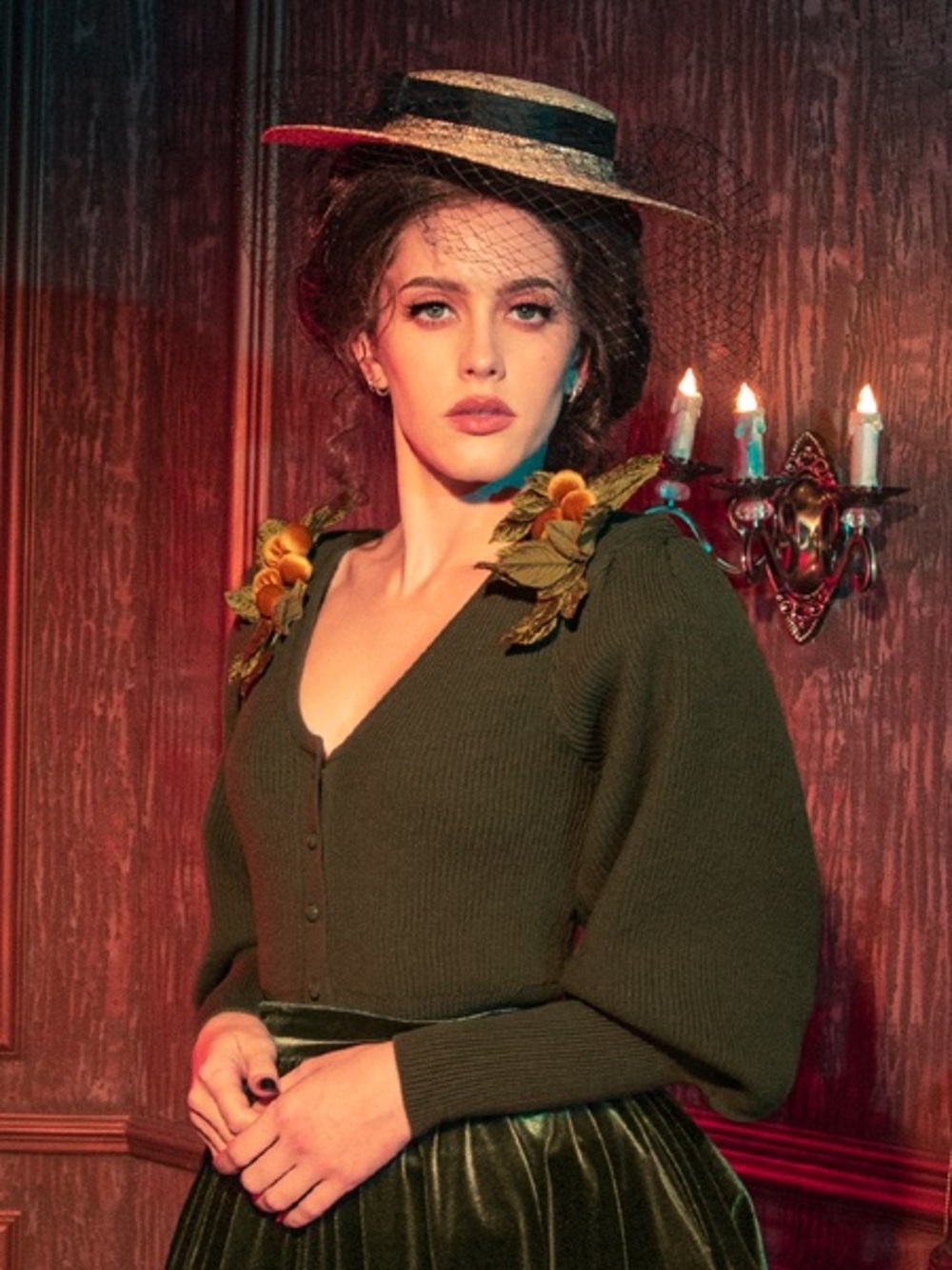 La Femme en Noir Limited Edition CRIMSON PEAK™ Edith Victorian Sweater in Olive